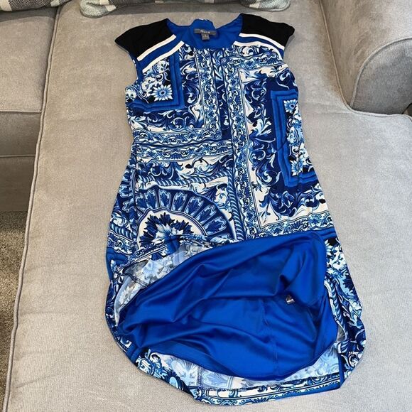 Vintage Muse blue floral geometric pattern dress, fully lined - Picture 6 of 6